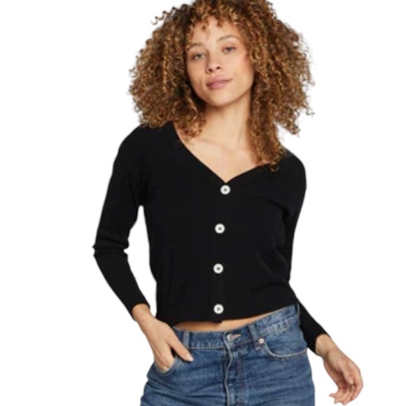 NEW CHASER Brand Long Sleeved Cropped Cardigan Ribbed Top in Black Size Small - Picture 1 of 9